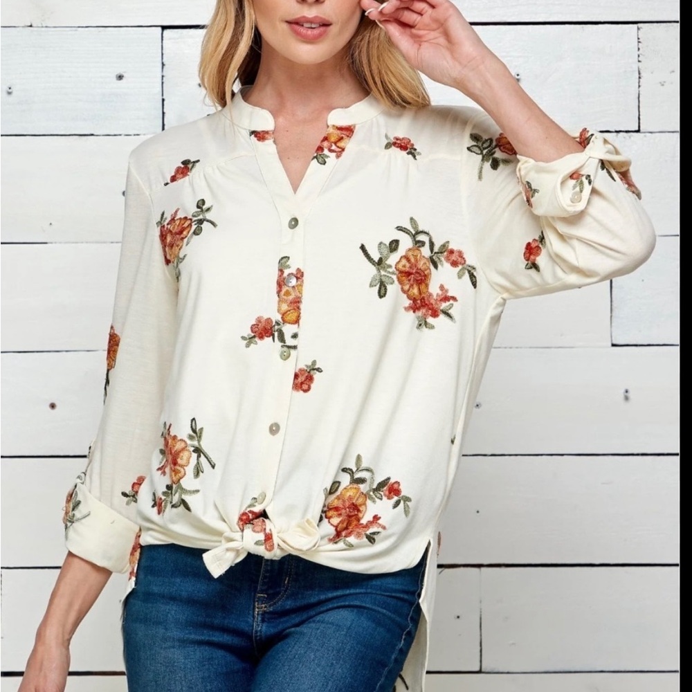 Fig and Flower button down blouse tunic floral embroidery ivory cream plus size